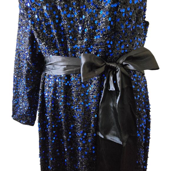 NEW Sequined One-Shoulder Dress. Black Blue. Long Sleeve. Lined w/Slit. Plus 3X - Picture 8 of 11